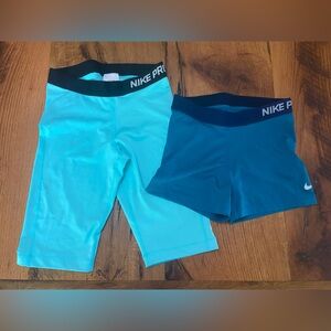 Nike Pro Set of TWO Stretch Biker Shorts Set, One Teal, One Turquoise, Medium
